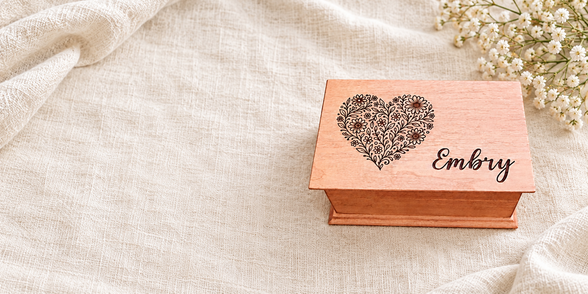 Embry wooden music box with a floral heart engraving on cream linen