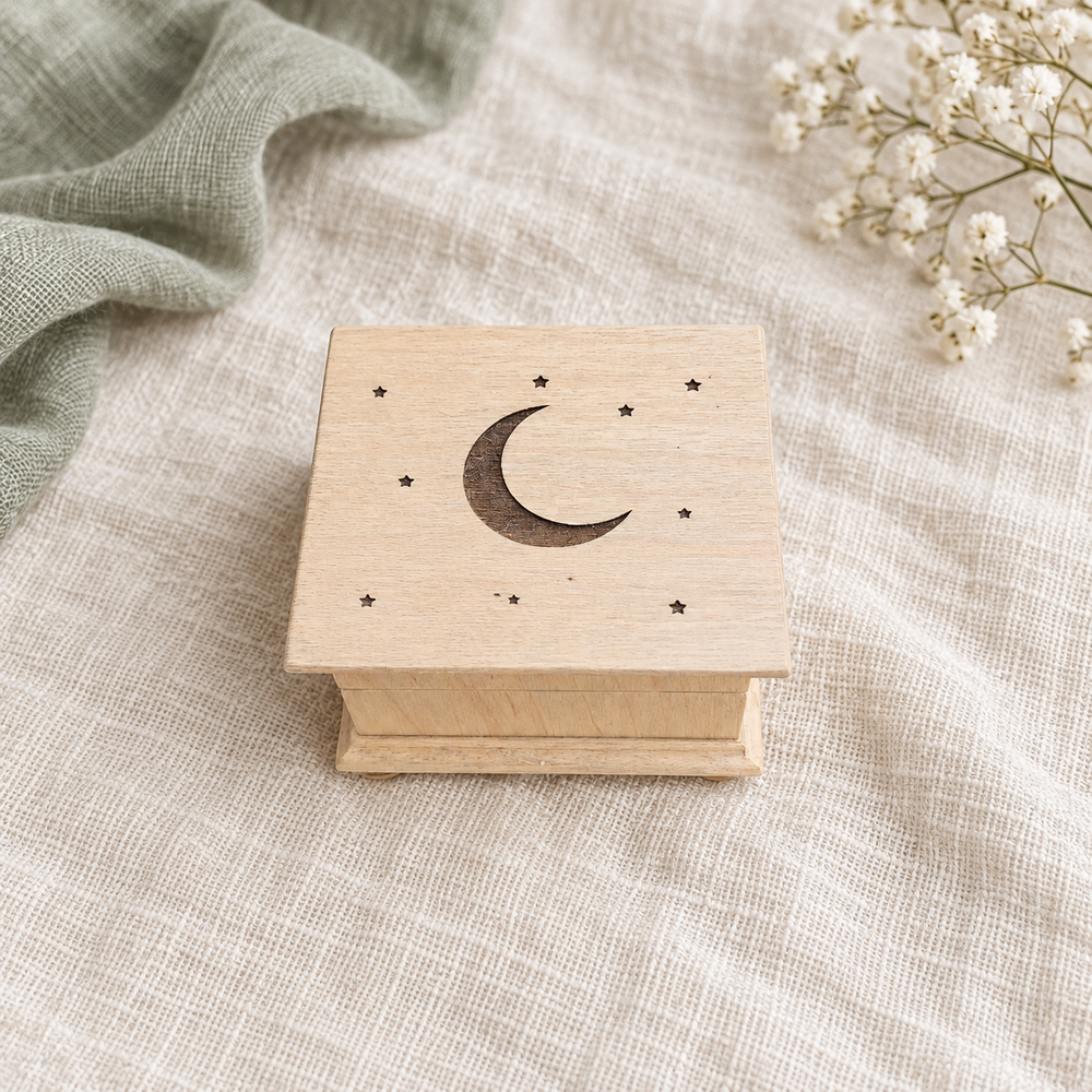 Small wooden moon music box on linen