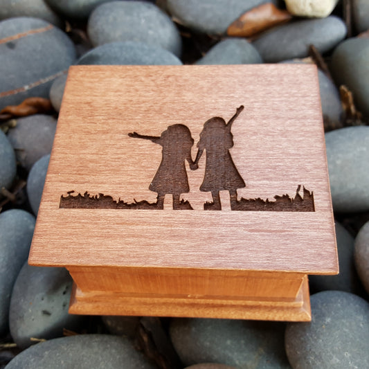 wooden music box with 2 girls holding hands engraved on top, choose color and song, twin girls engraving, best friends gifts