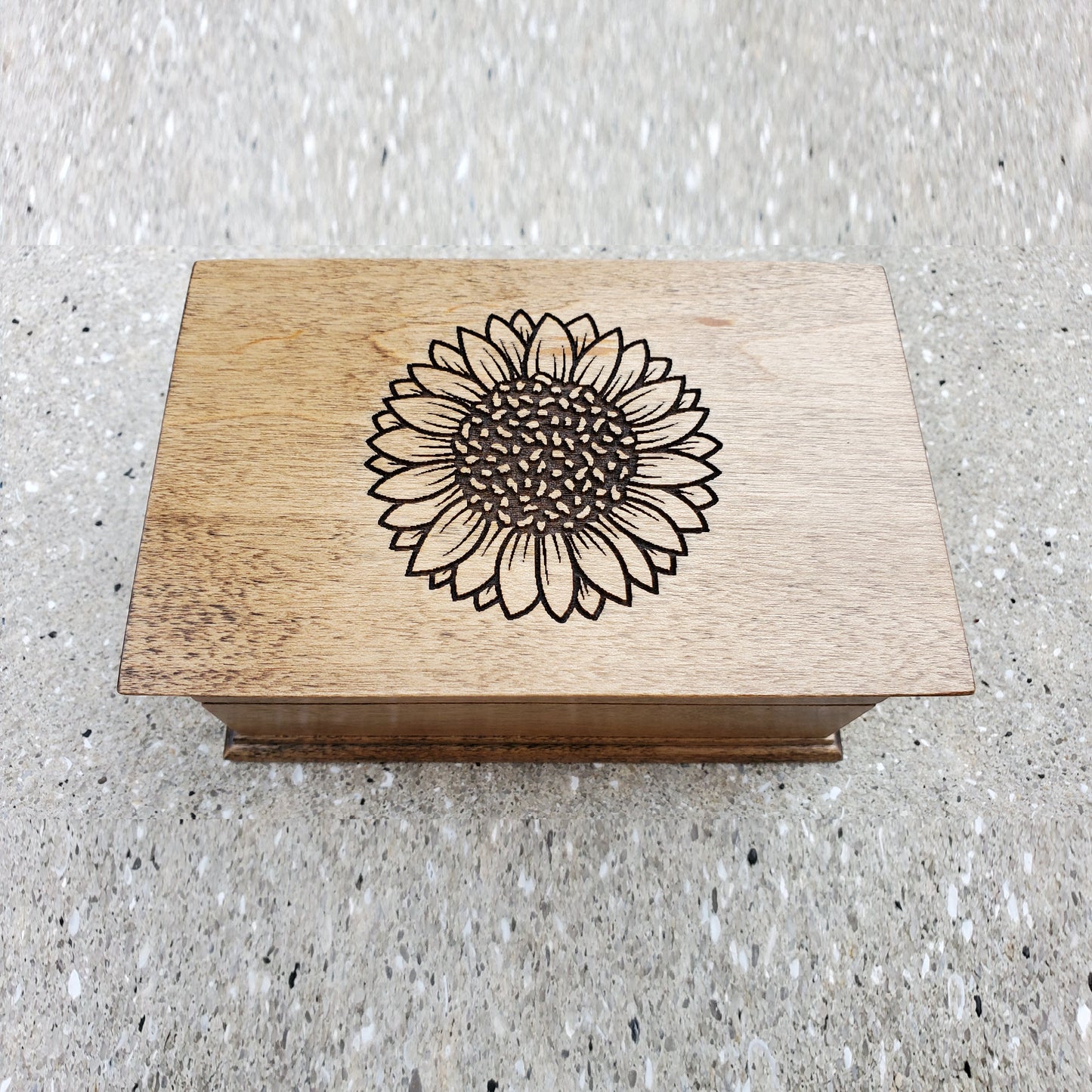 sunflower engraved jewelry box with song player under the lid, choose color and song, add a personalized message to the bottom side of the box