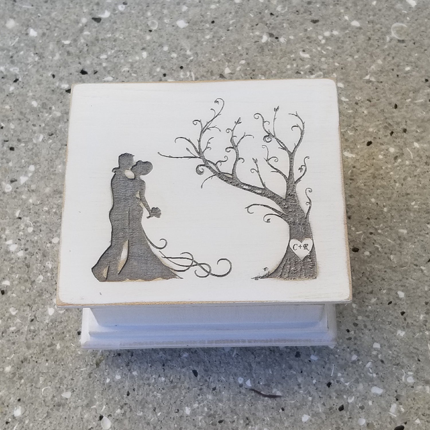 wedding music box with wedding couple and heart carved in tree with your initials, choose color and song