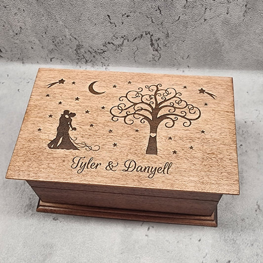 Wedding jewelry box with bride and groom a tree with a heart carved in the trunk, moon and stars with shooting stars with names, choose your song and color