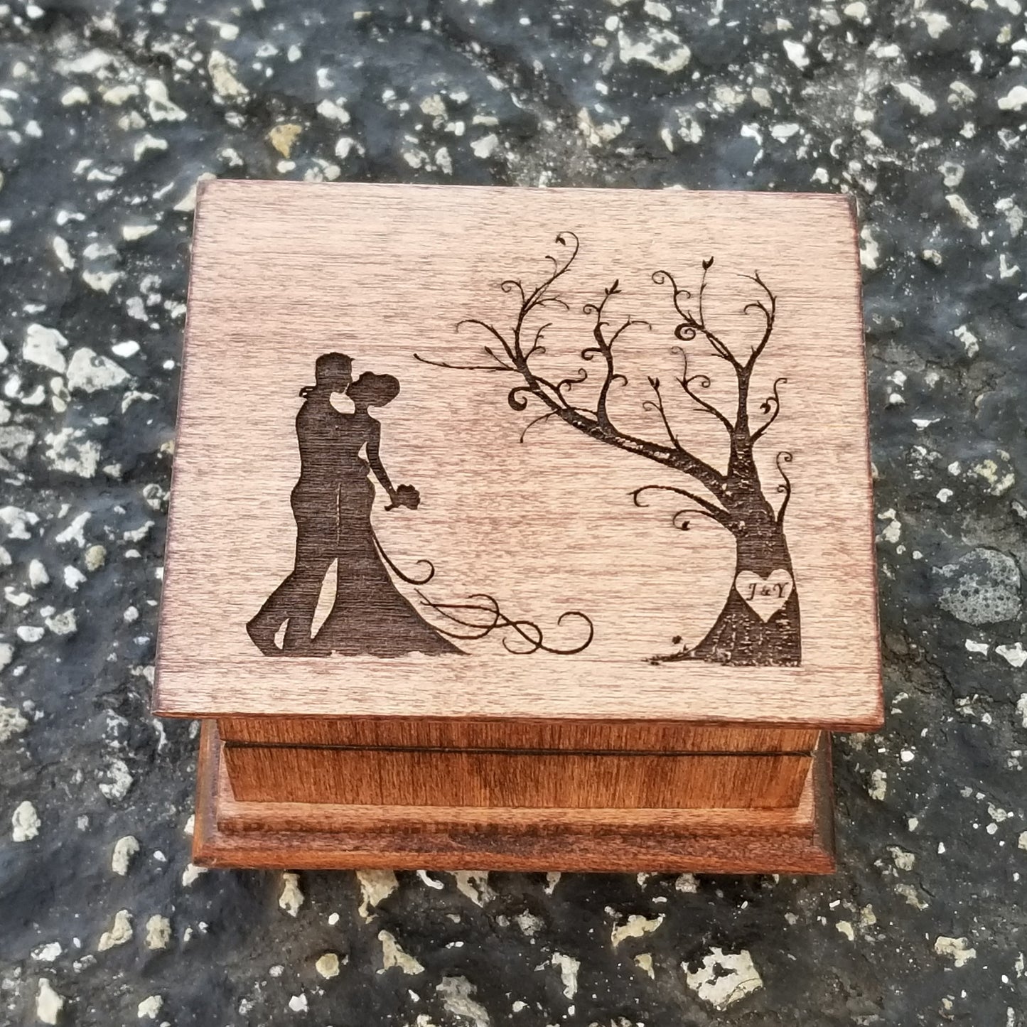 Wedding Music box with couple and tree image with heart carved on top