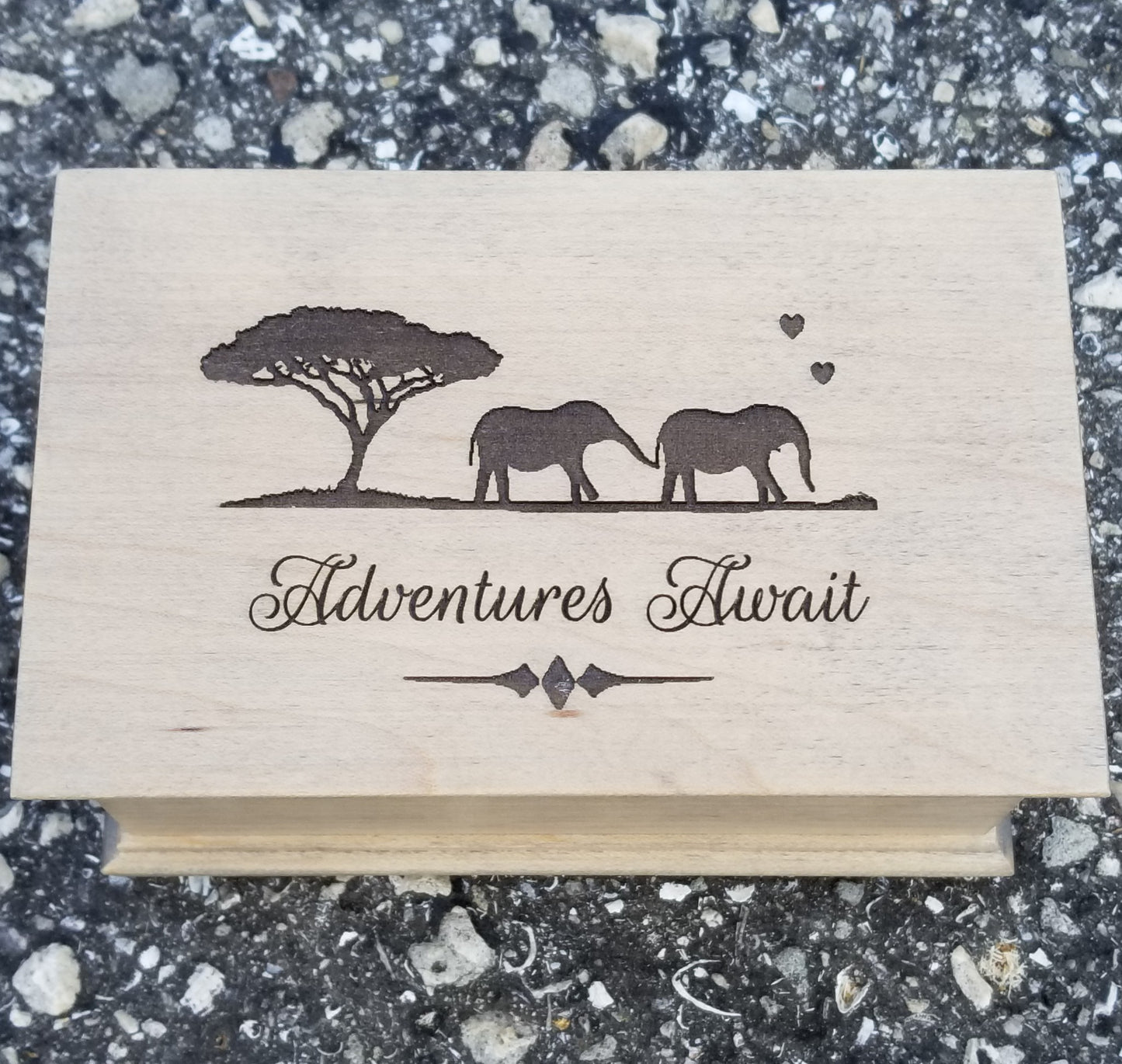 Jewelry Box engraved with 2 elephants and the quote Adventure Await, choose any songs to play and add personalized message