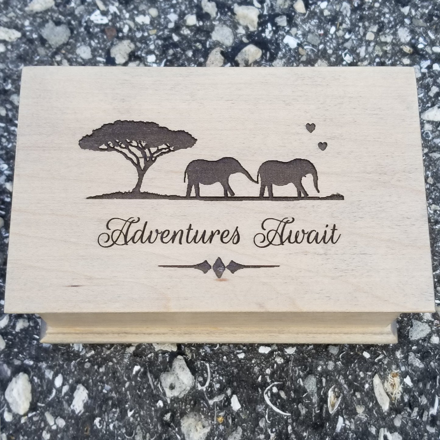 Adventure Awaits Jewelry Box with music of your choice and elephants engraved on top, choose color and song