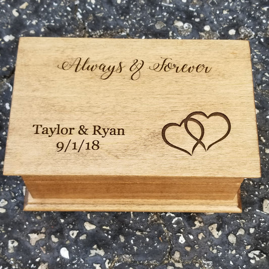 Always and Forever jewelry box personalized with your names and date, added an intertwined heart in the lower right corner
