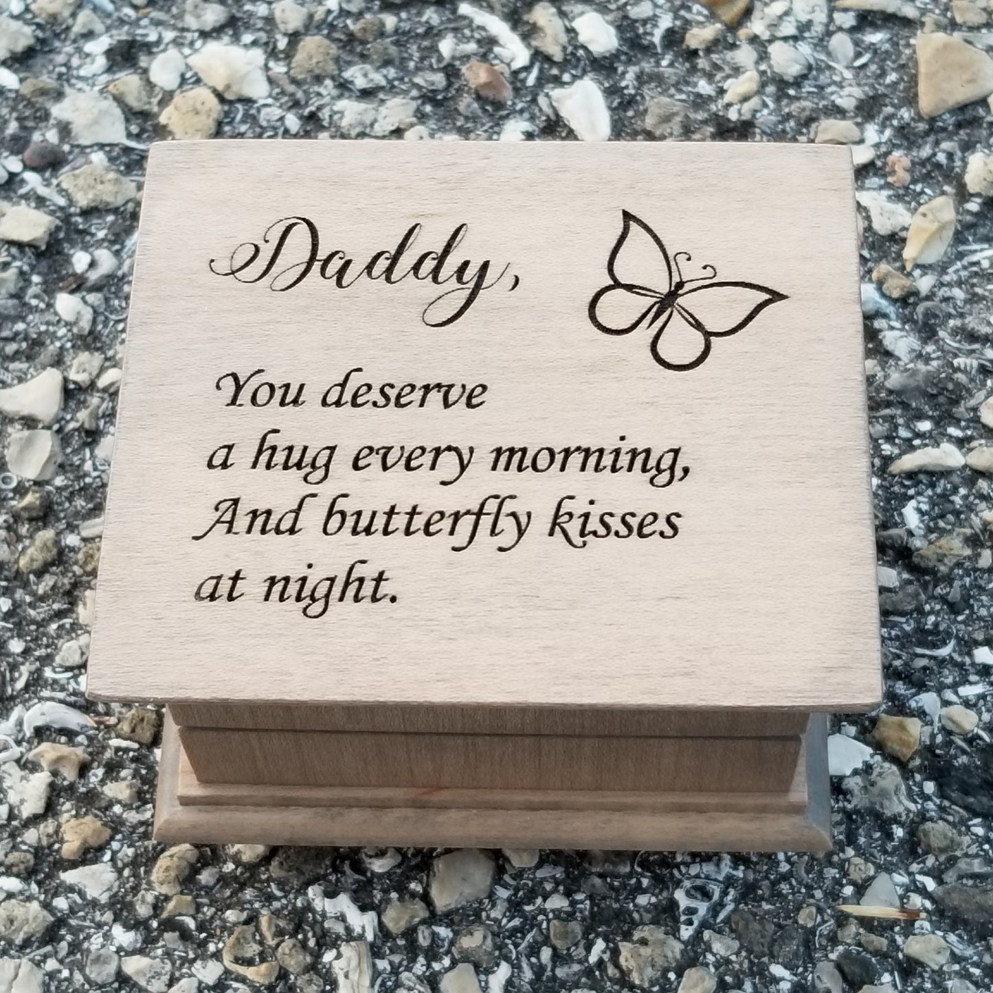 Music box Daddy, You deserve a hug every morning and butterfly kisses at night along with a butterfly engraved on top, in gray color
