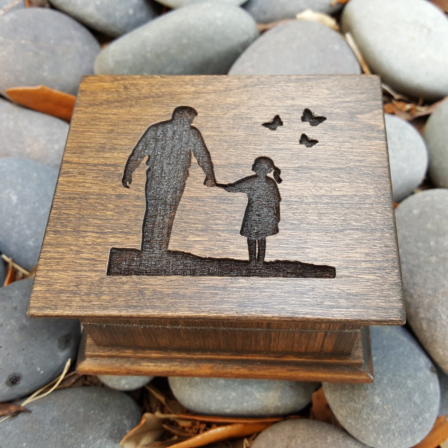 Butterfly Kisses music box, dad and daughter with butterflies engraved music box