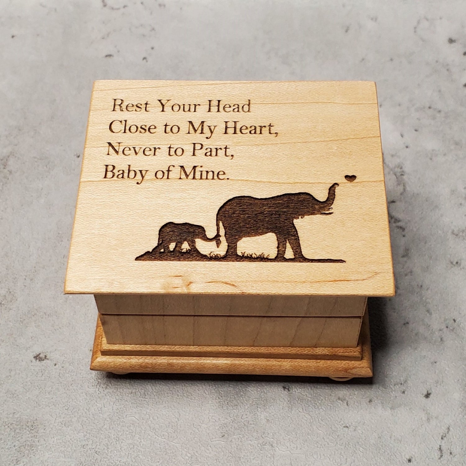 elephant engraved music box, Baby Mine music box