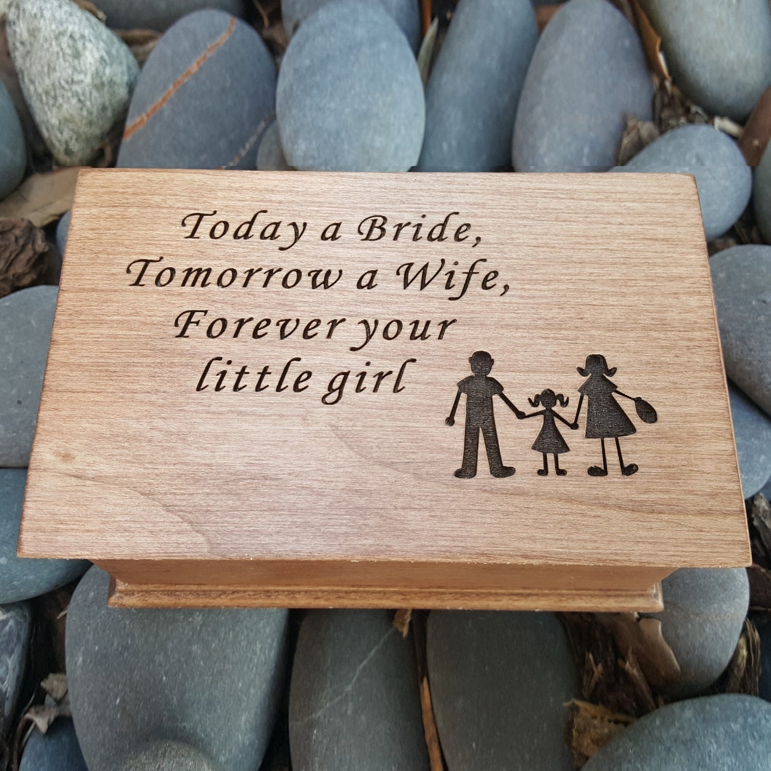 Wooden jewelry box engraved with Today a bride, tomorrow a wife, forever your little girl along with a silhouette image of dad-daughter-mom, choose color and song