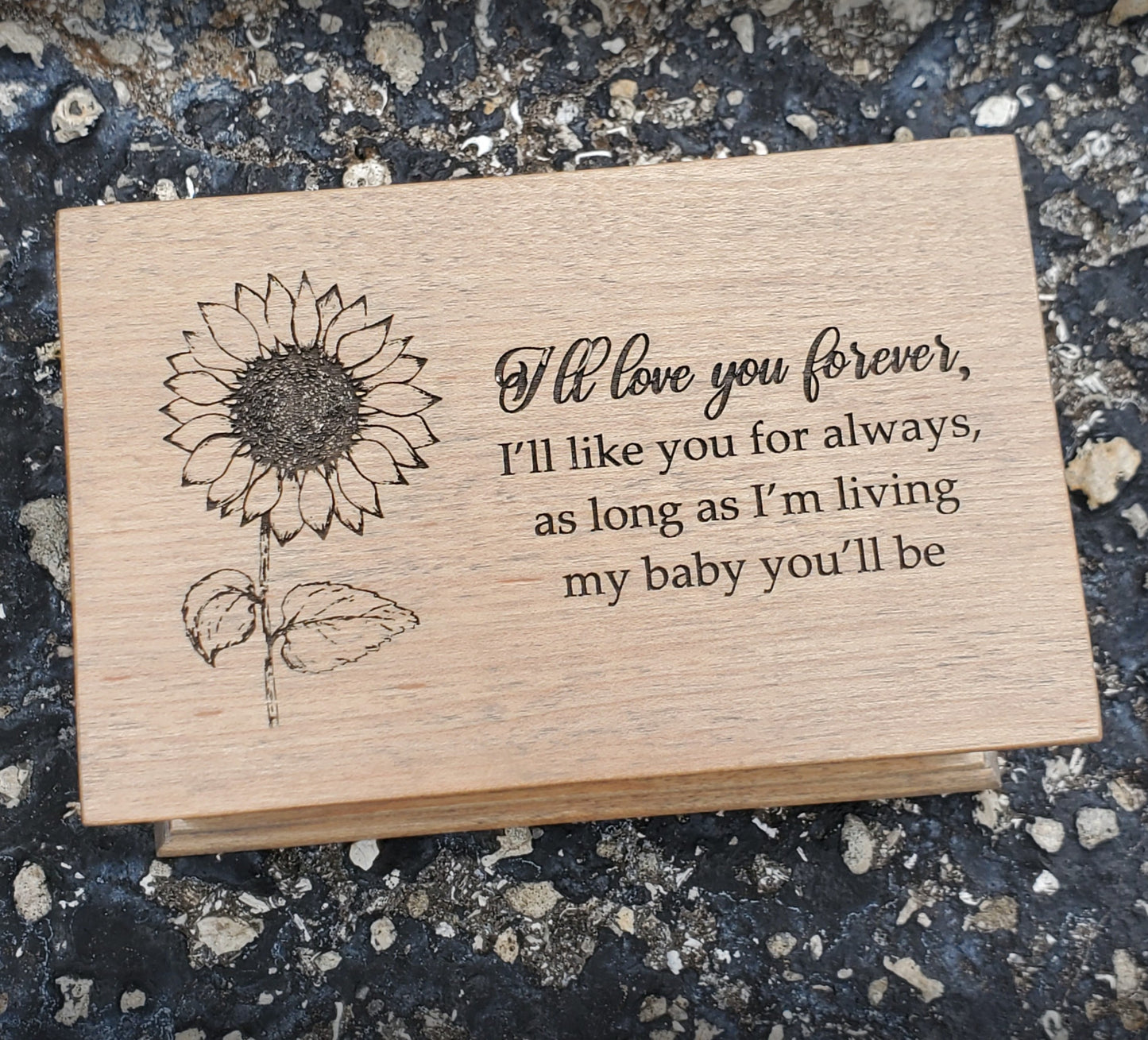 I'll love you forever engraved music jewelry box along with a sunflower image