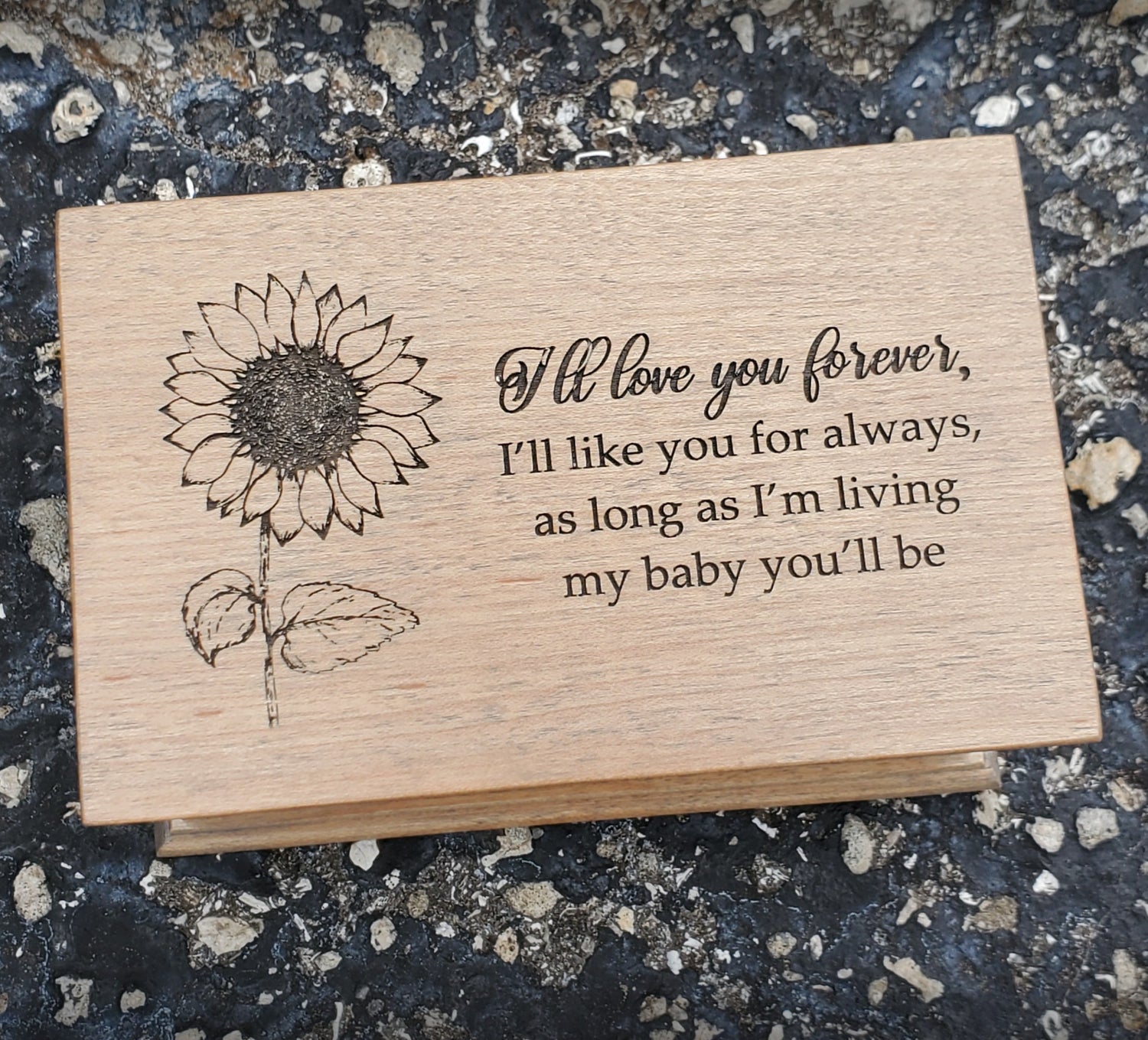 I'll love you forever engraved music jewelry box along with a sunflower image