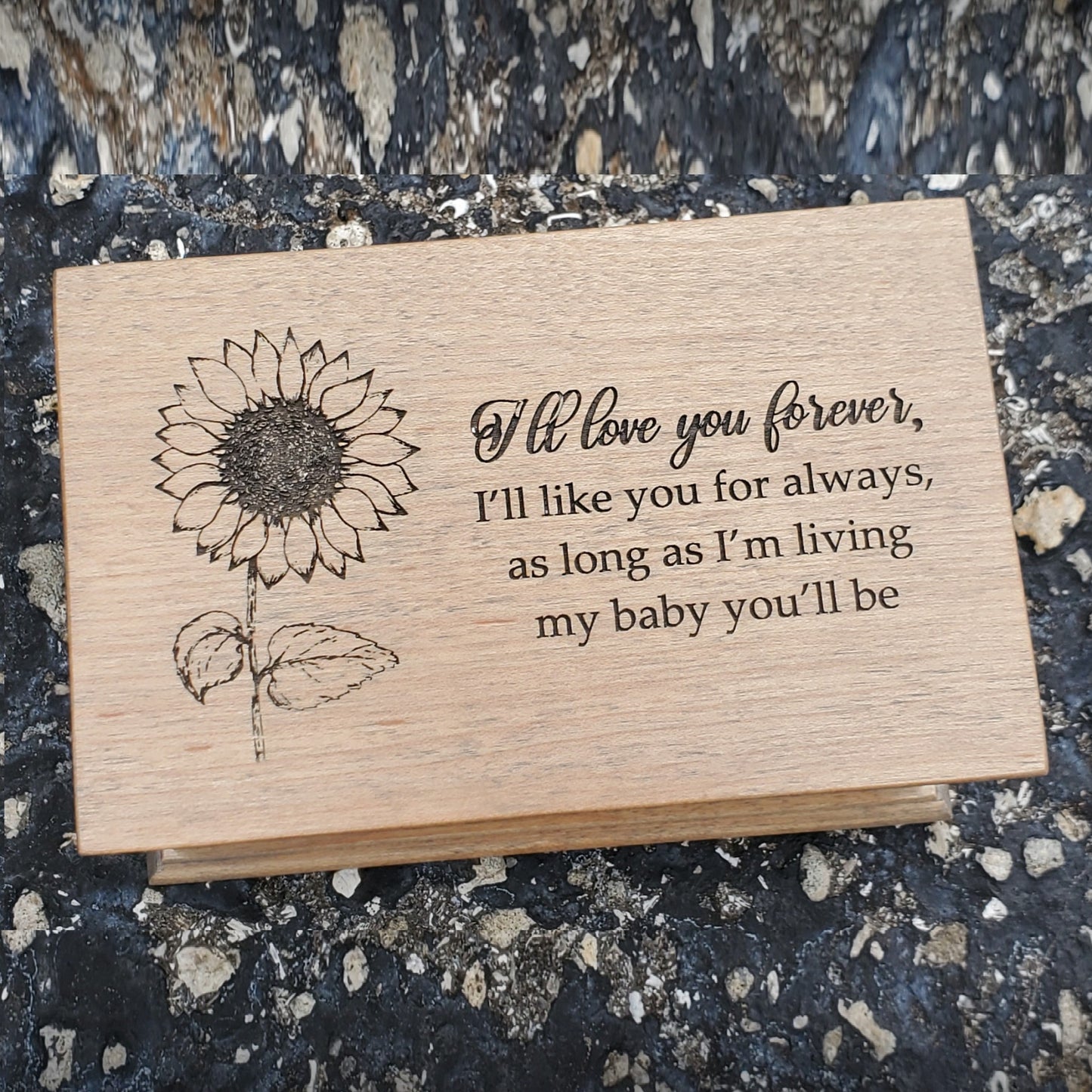 Wooden Jewelry Box with music of your choice I'll love you forever quote and sunflower engraved on top, choose color and song