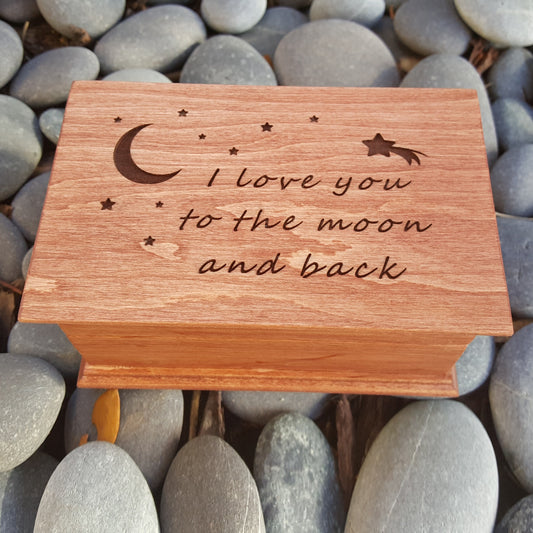 jewelry box with I love you to the moon and back with moon and stars engraved on top, choose color and song