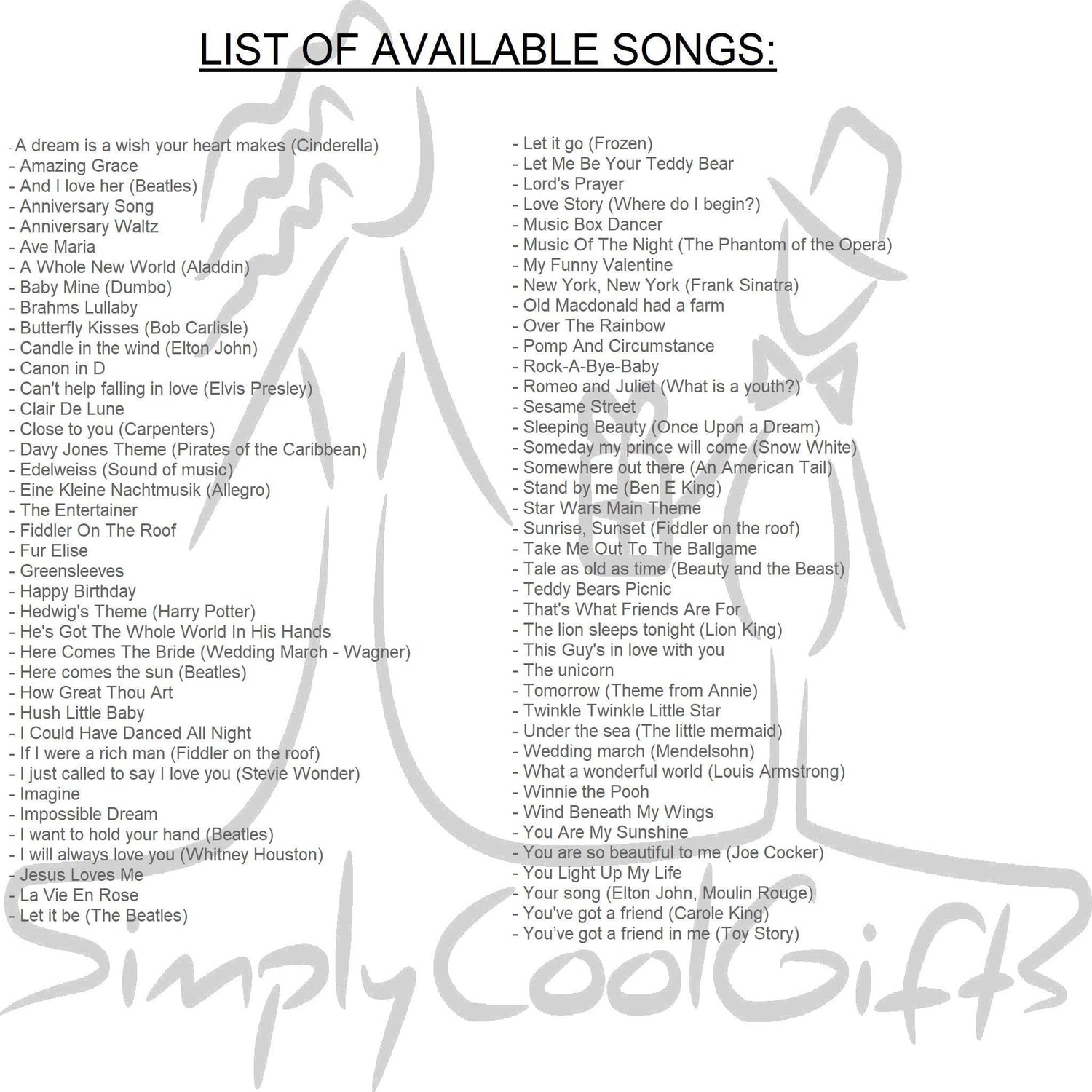 list of song for music box to choose from, CLose to you, Happy Birthday, Here comes the sun, 