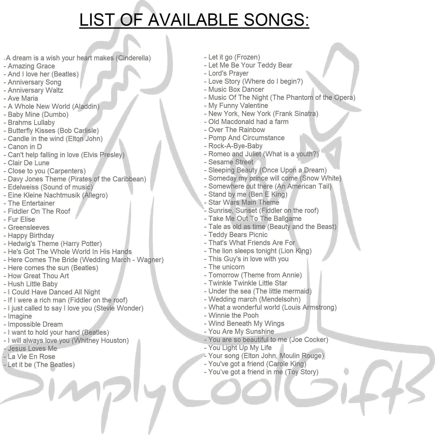 music box song list at Simply Cool Gift