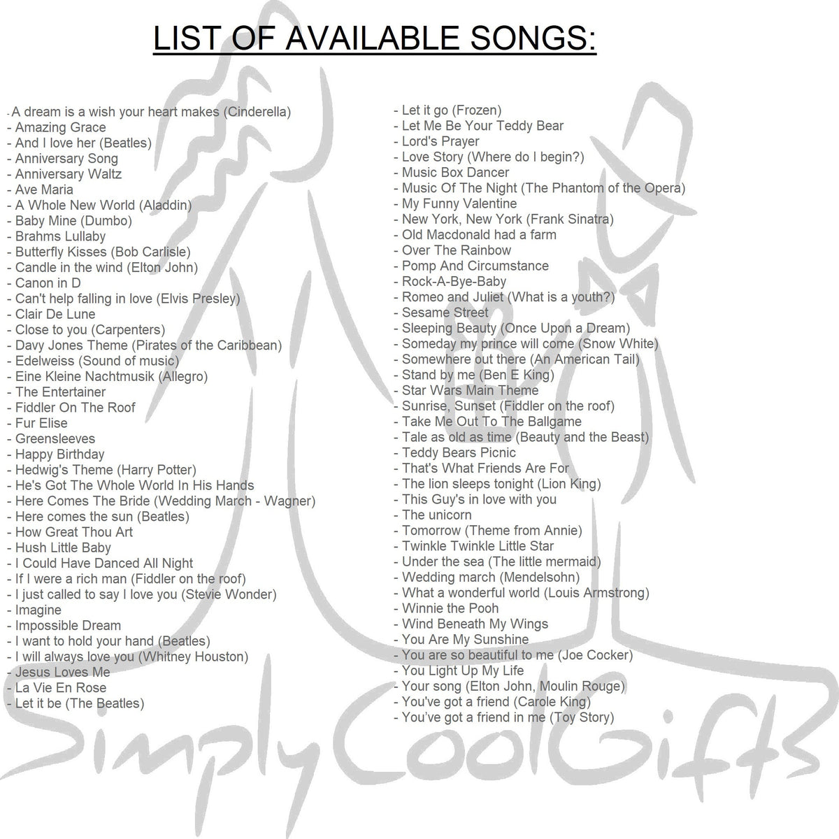 music box songs available at Simplycoolgift