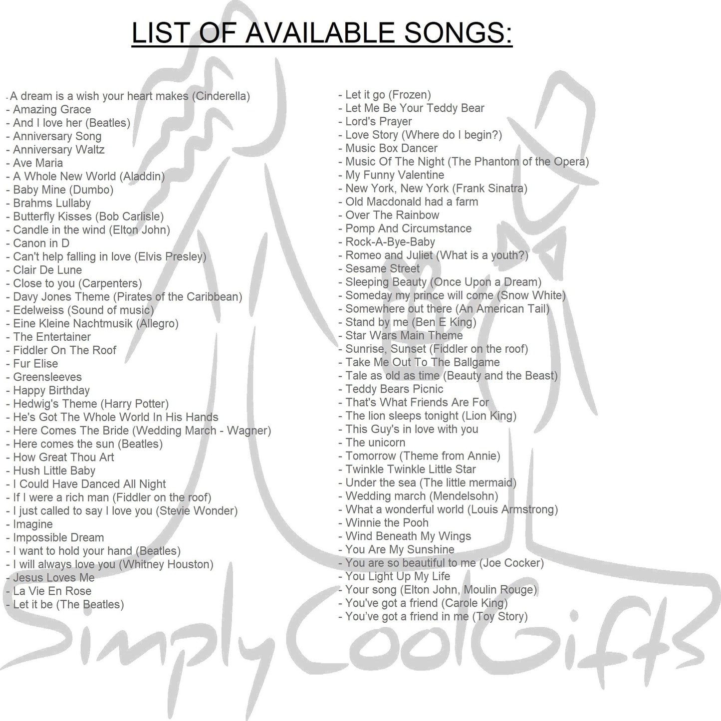 music box songs available at Simplycoolgift