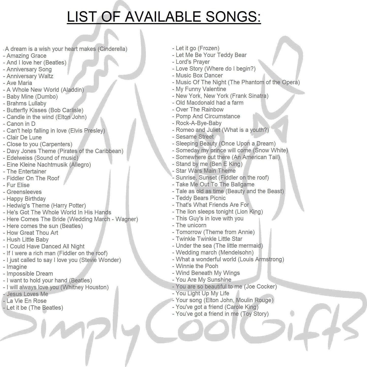 music box list of songs at Simply Cool Gifts