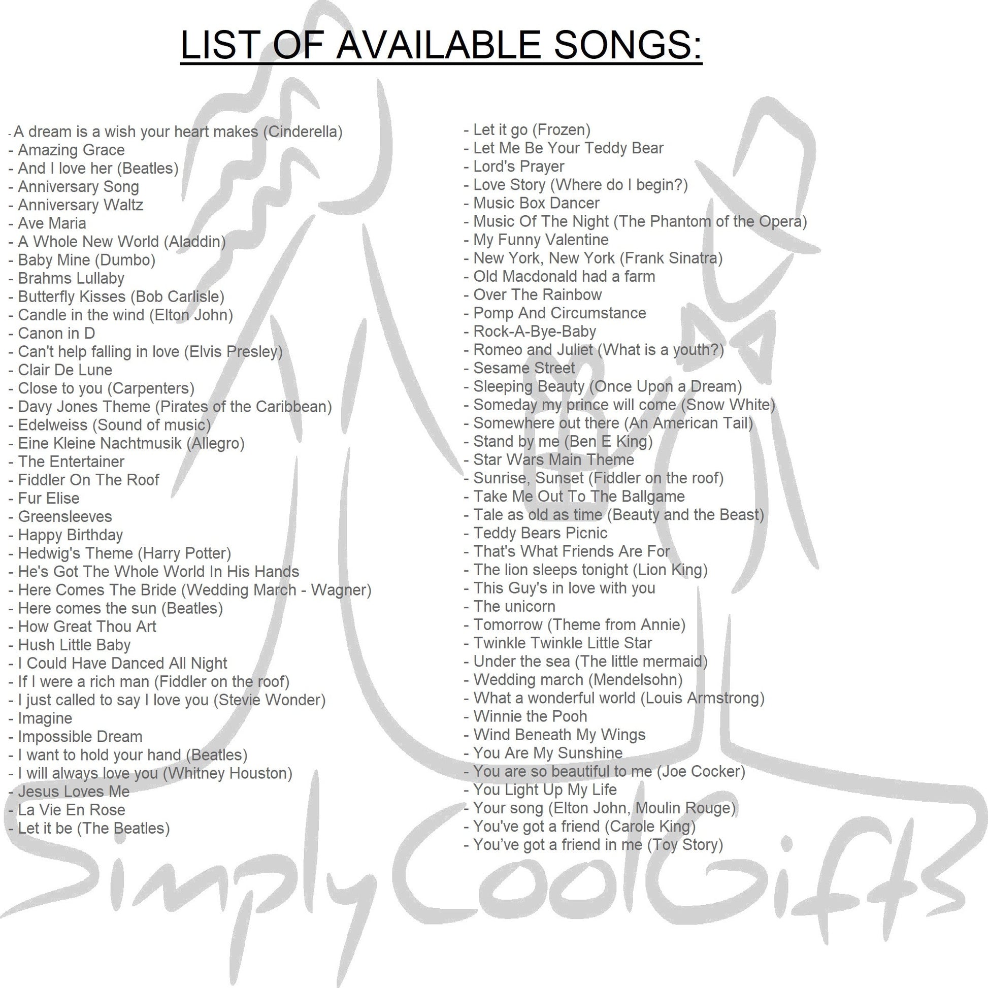 music options for music box Butterfly Kisses, Stand by me, Here comes the sun, You are my sunshine
