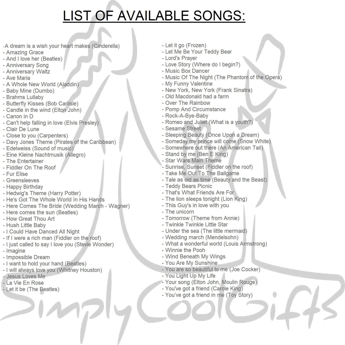 music options for music box Butterfly Kisses, Stand by me, Here comes the sun, You are my sunshine