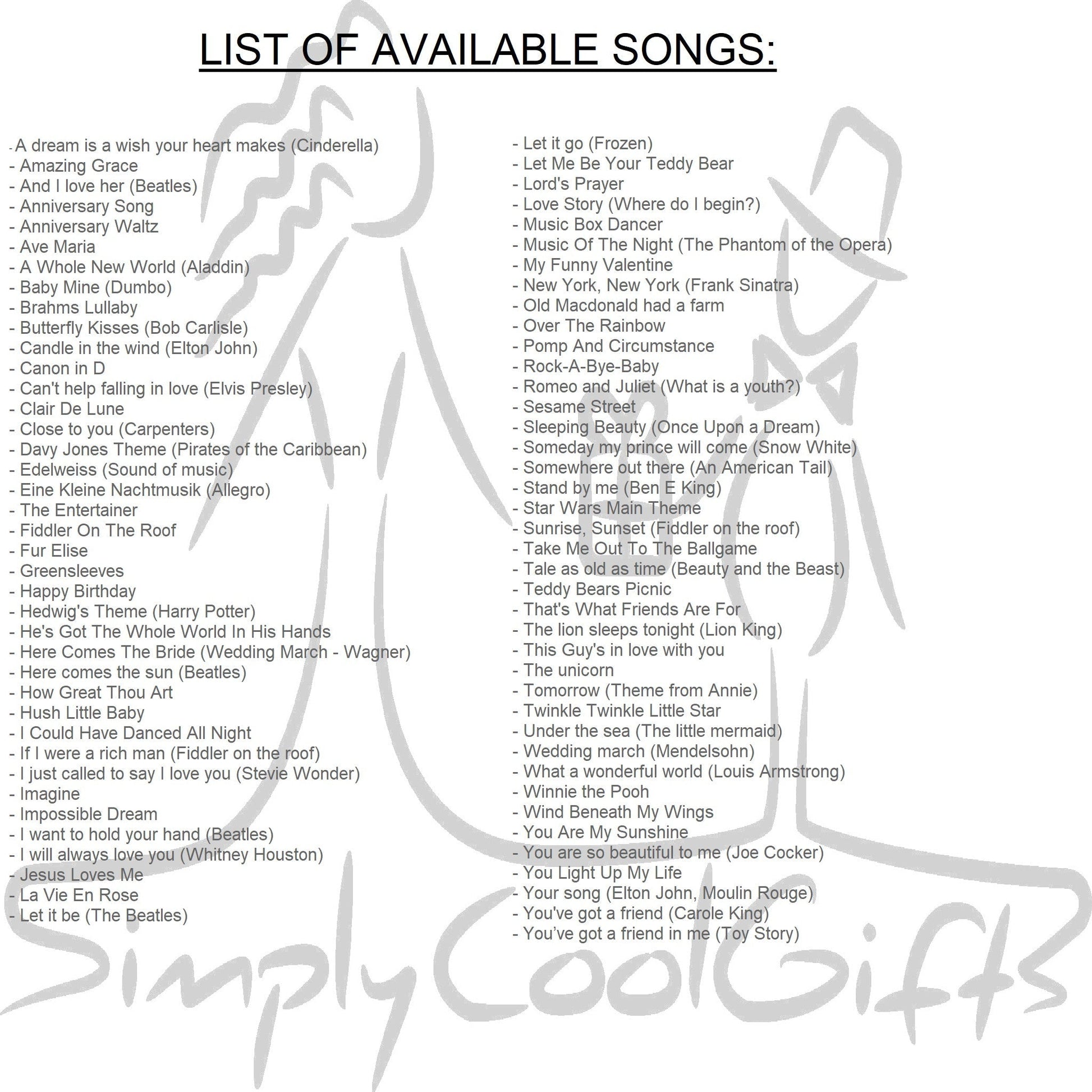 music options for music box Butterfly Kisses, Stand by me, Here comes the sun, You are my sunshine