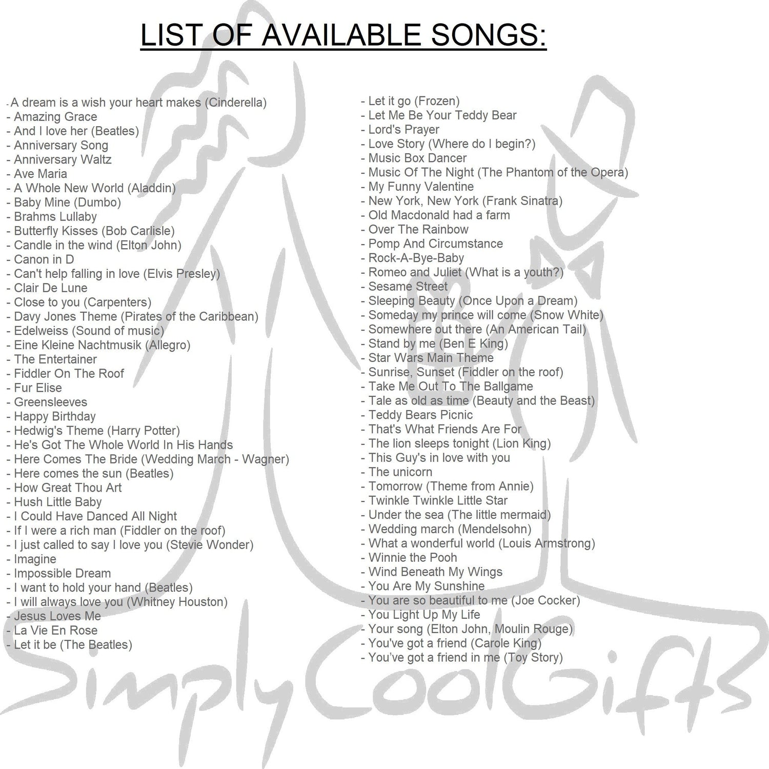 music box list of available songs
