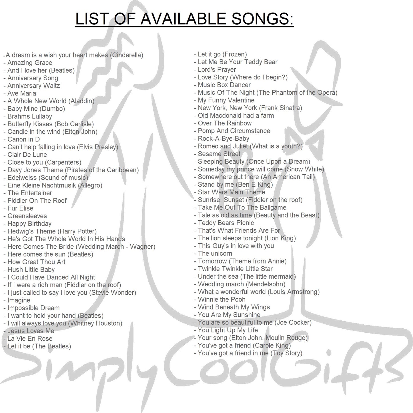 music box songs at Simplycoolgift, You LIGHT UP MY LIFE, i will always love you, I just called to say I love you