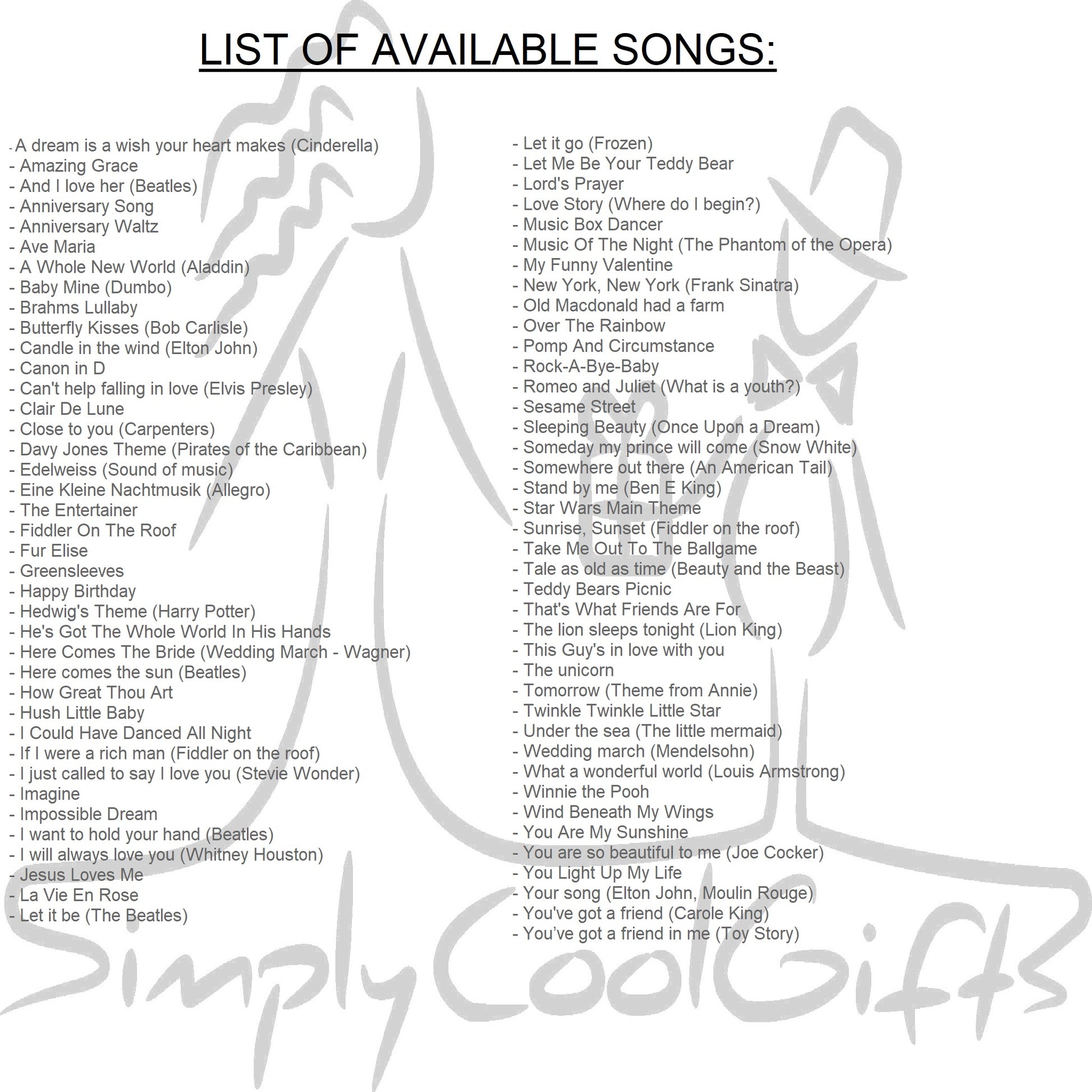 music box songs at Simplycoolgift, You LIGHT UP MY LIFE, i will always love you, I just called to say I love you