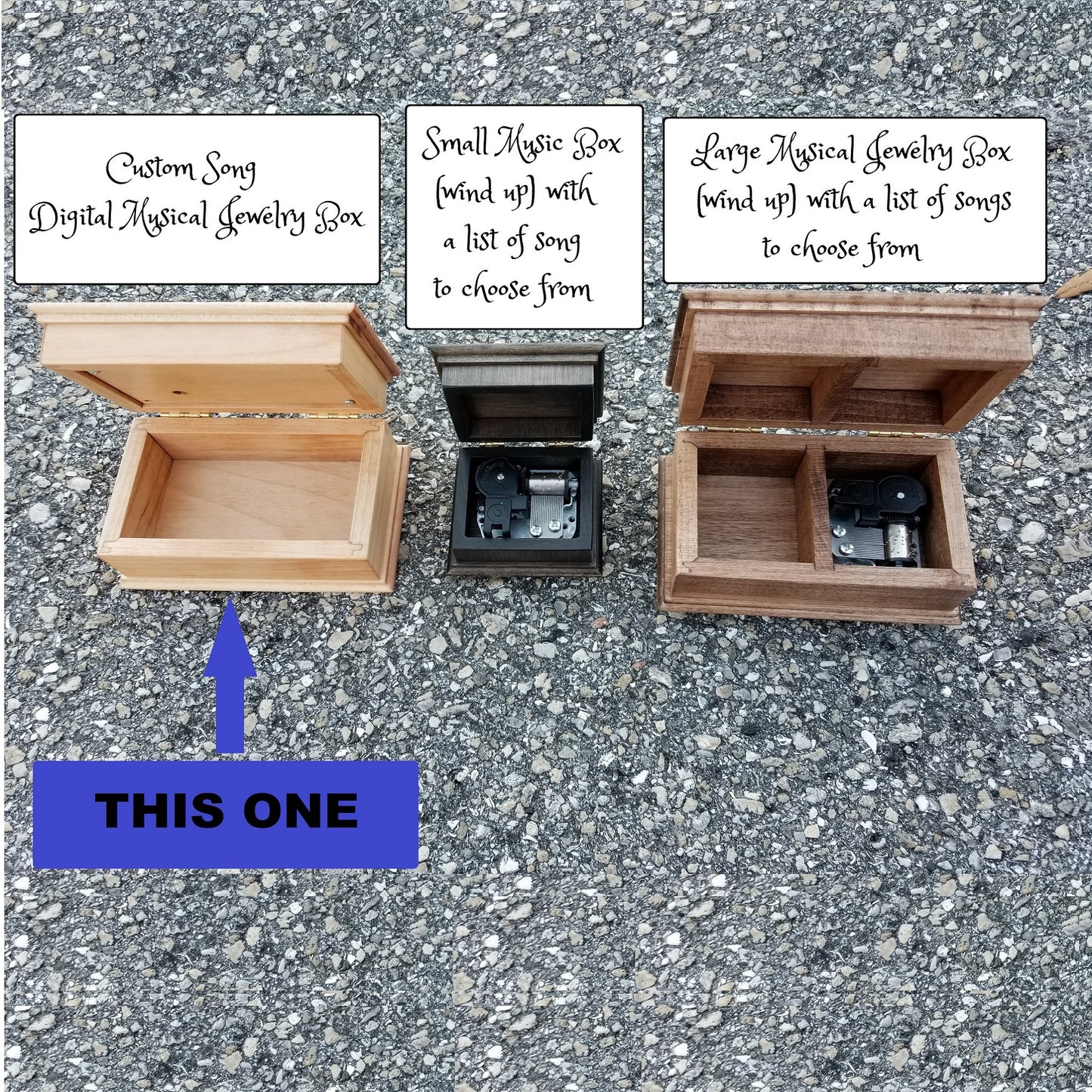 music box styles, Comparison photo of the music box styles I have with explaining that this is the one of the large size boxes with the music player under the lid and the compartment for jewelry.