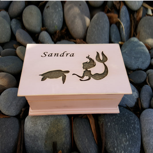 mermaid and turtle engraved jewelry box with name engraved on top, choose color and song