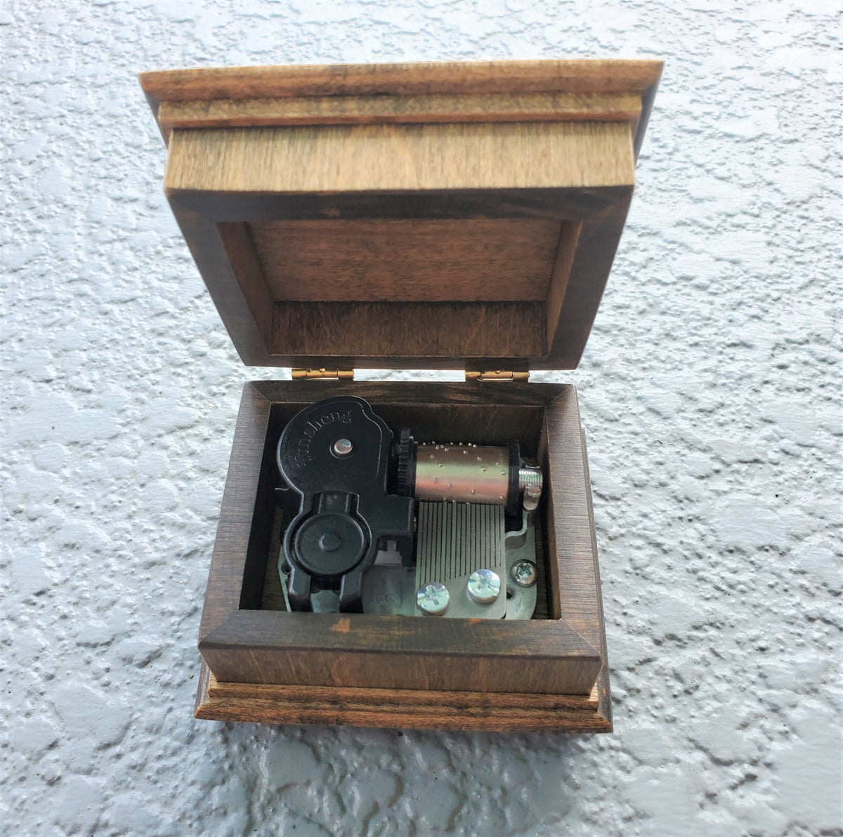 music box open lid showing wing up music box movement built in choose color and song