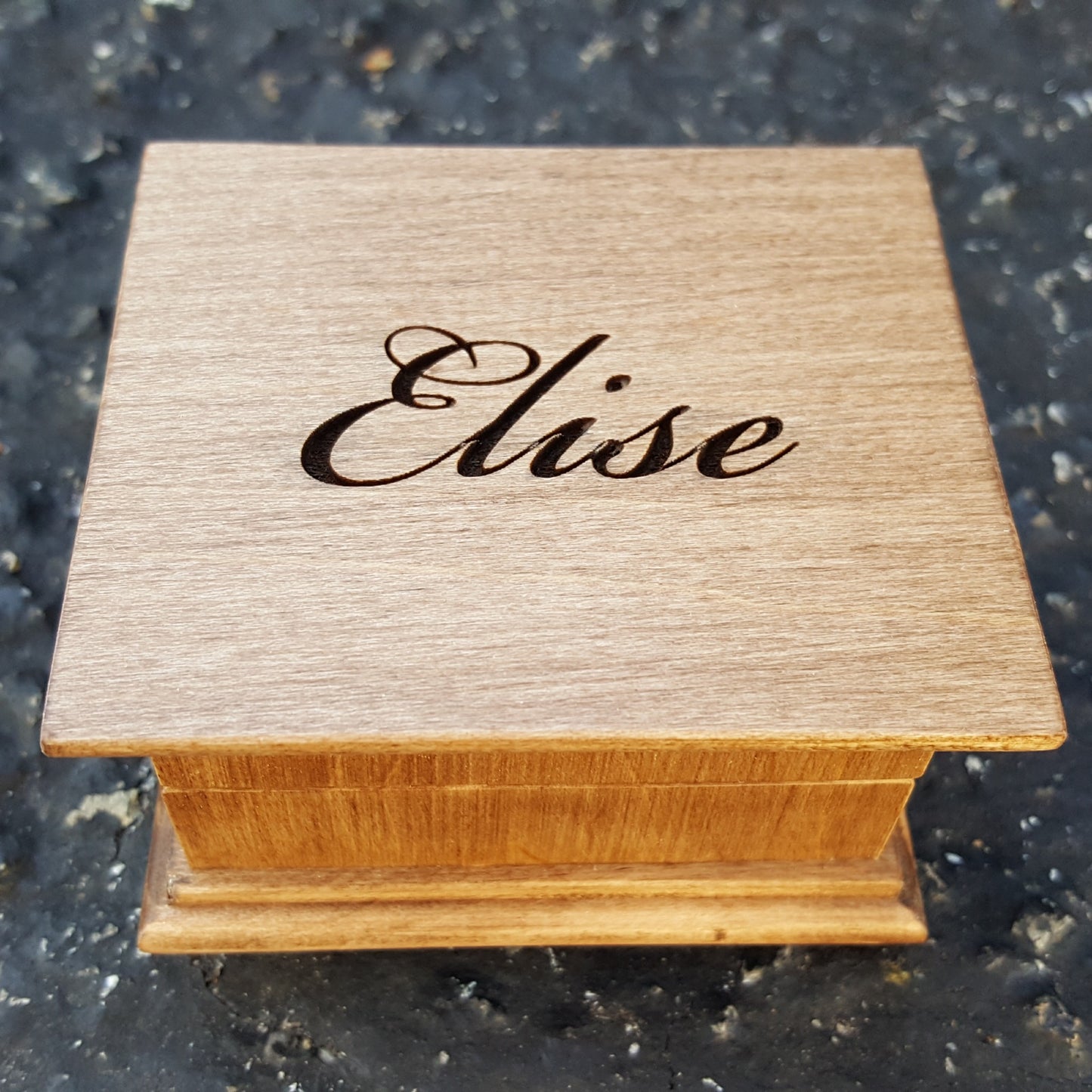 name gift, name engraved box, music box with name engraved on top with cursive font 