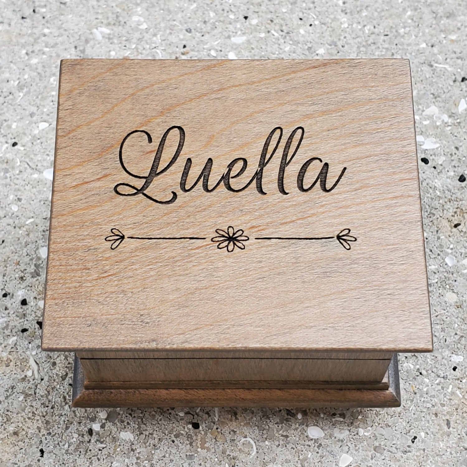 Name box, wooden music box with your name engraved on top with a light floral design underneath, choose song and color