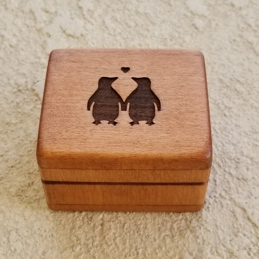 ring box with penguins engraved on top, choose color, personalize