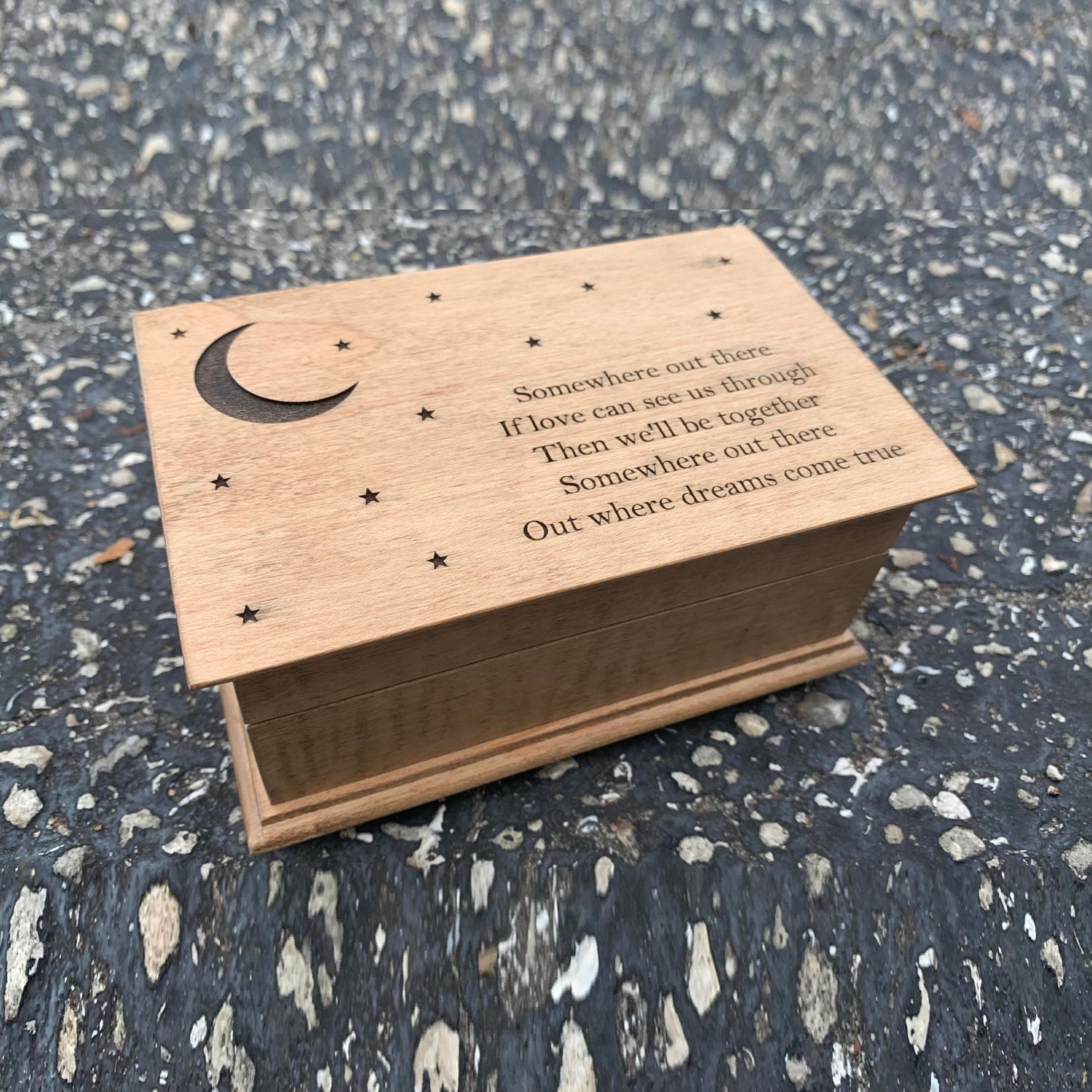 wooden jewelry box handmade and engraved with moon and stars and Somewhere out there quote