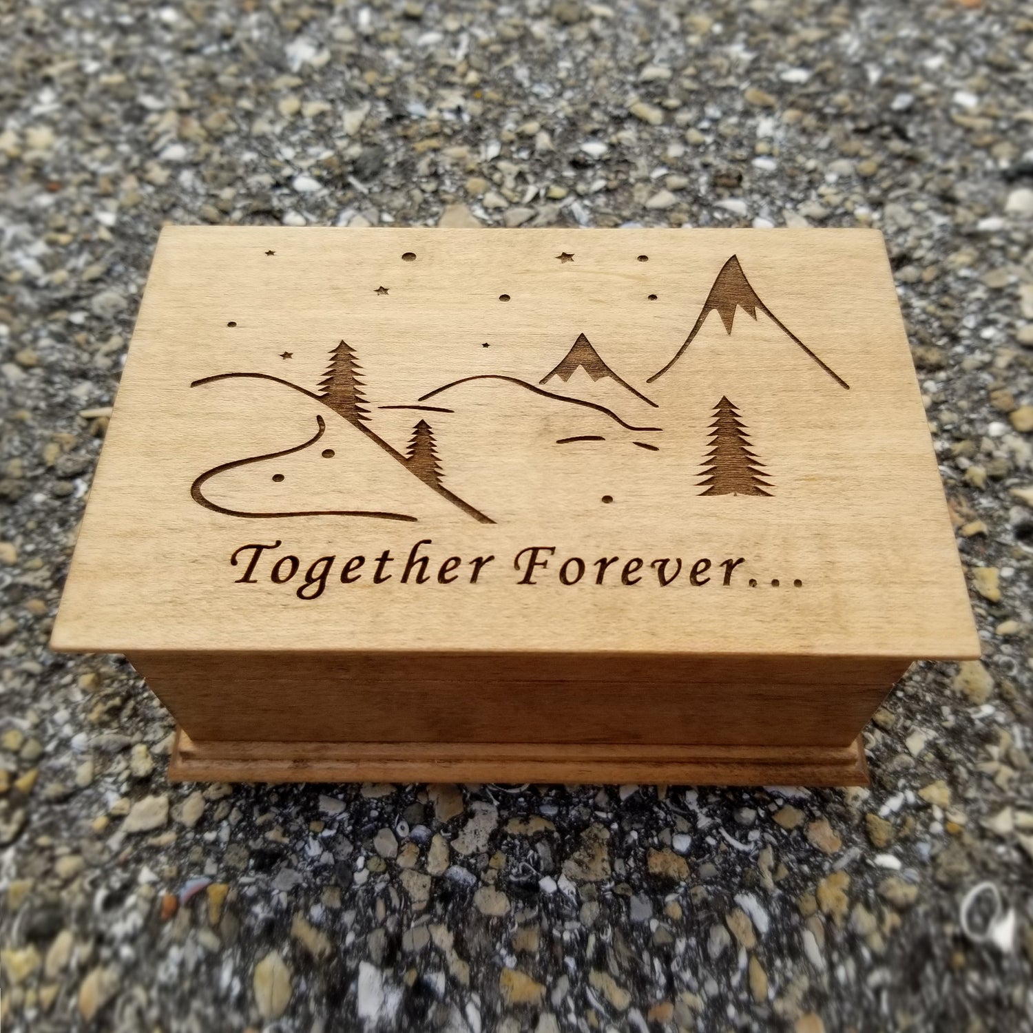 Wooden jewelry box with snowy mountains and Together Forever engraved on top, choose song and color