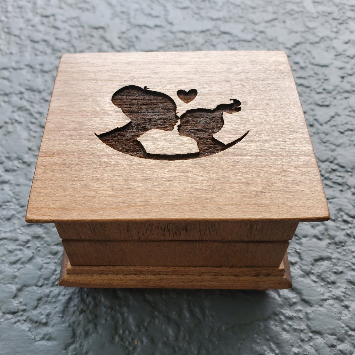 mom and daughter music box, small wooden music box with mom daughter and heart engraved on top. choose color and song, add personalized message on bottom