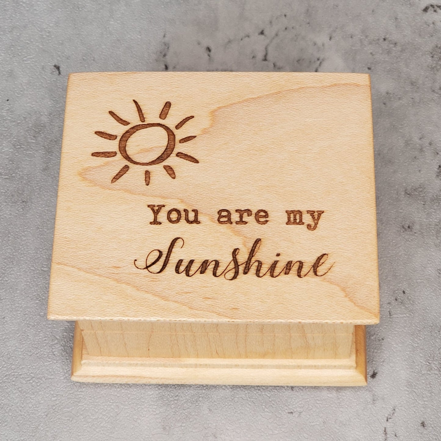 You are my sunshine music box, wooden music box with You are my sunshine engraved on top with sun drawing, choose color and song