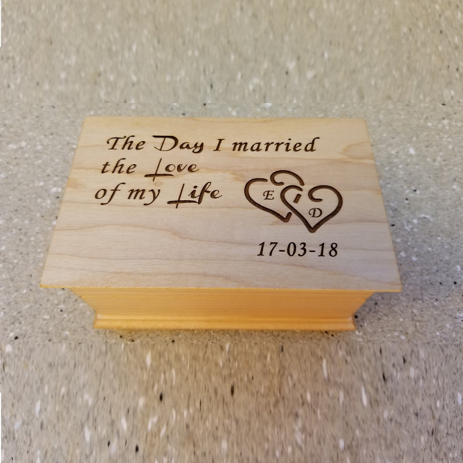Maple jewelry box with your initials and date along with "The Day I married the Love of my Life, choose your color and song to make it the best gift ever