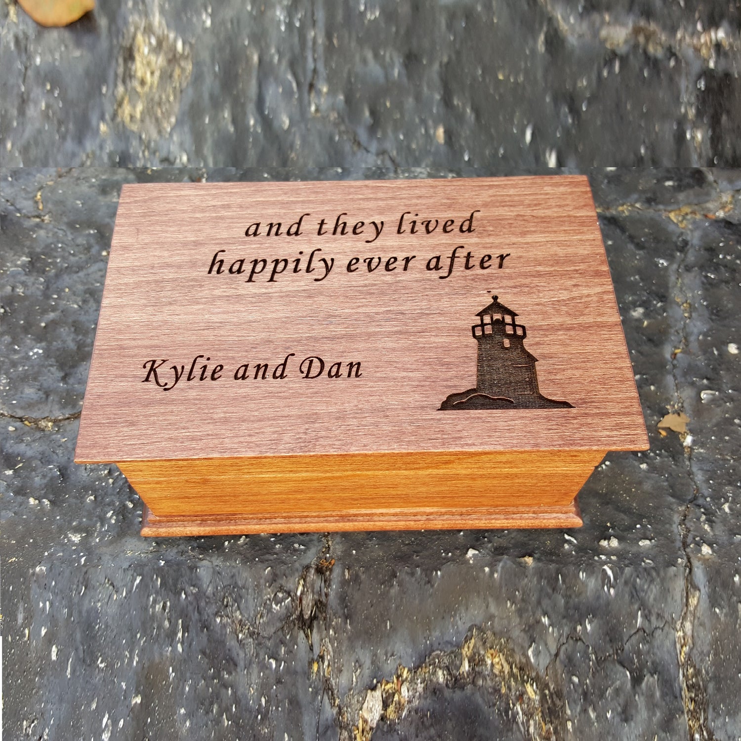 Lighthouse engraved wooden jewelry box with Happily Ever After and your names engraved on top, choose color and song