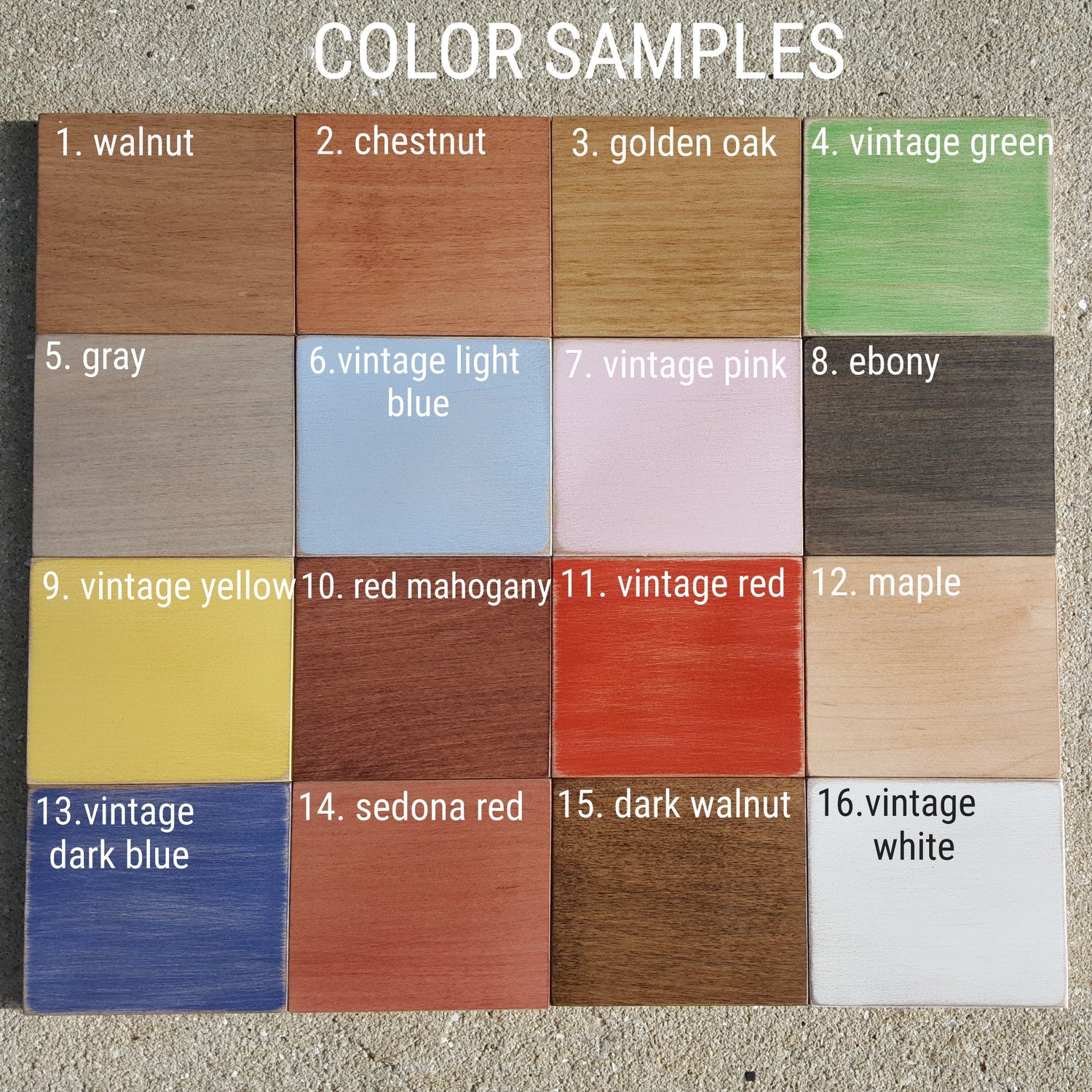 color samples, pink, red, green, white, yellow, blue, walnut, maple, oak, ebony