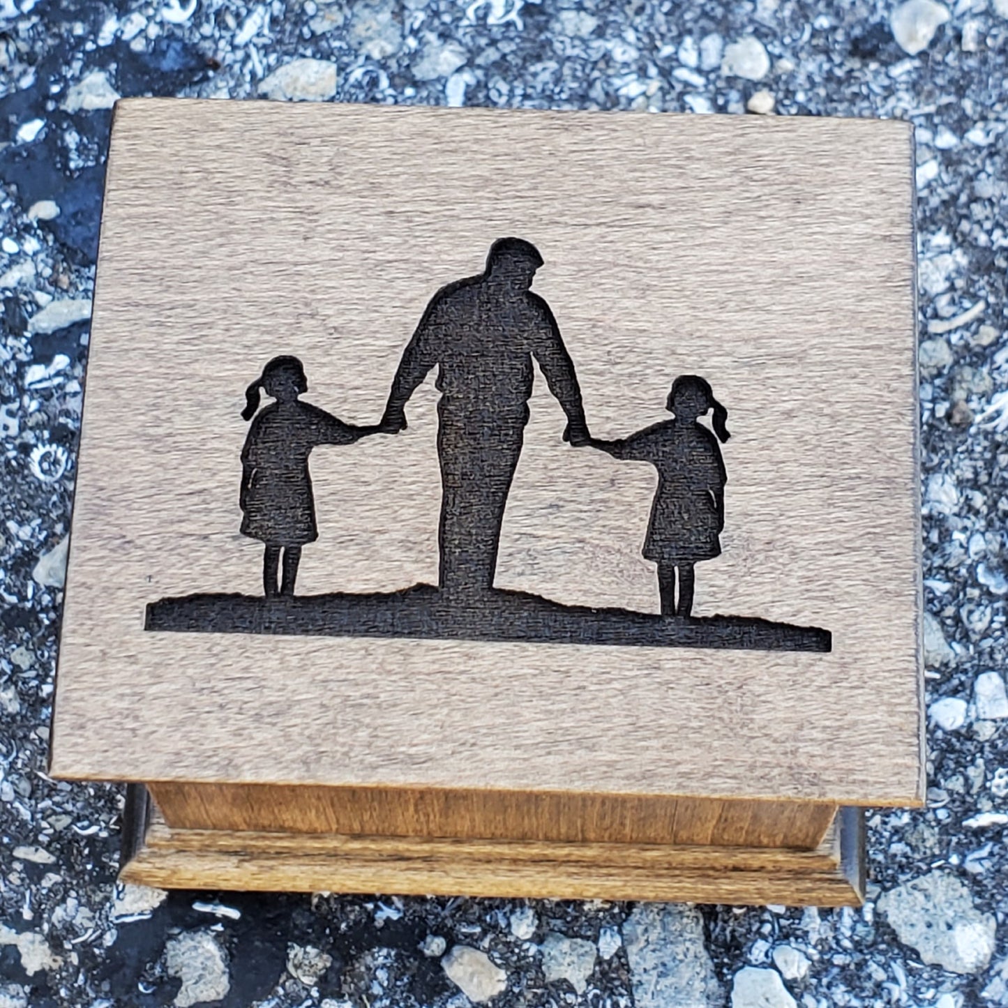 twin girls holding dad's hands engraved music box, choose song and color, Butterfly Kisses, I want to hold your hand, Stand by me