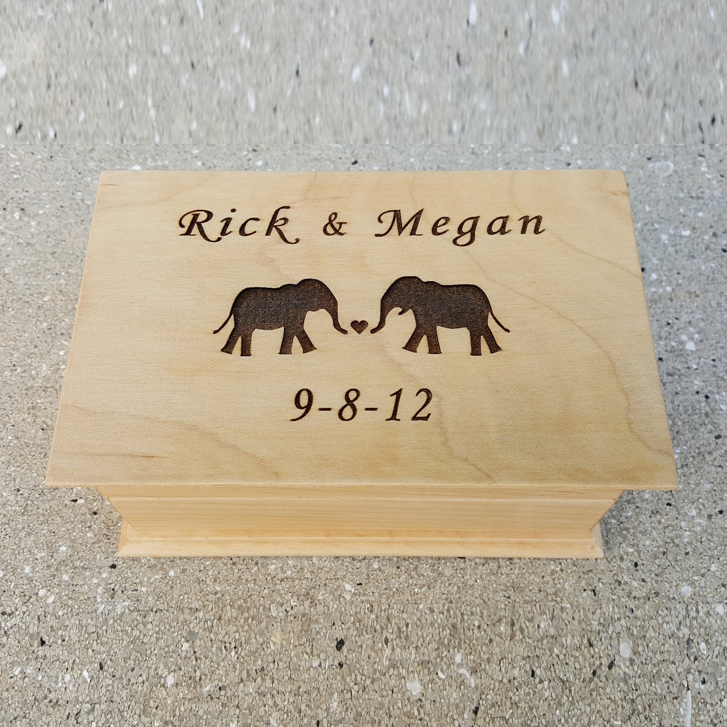 jewelry box wooden with elephants, names and date engraved on top, plays your song, choose color