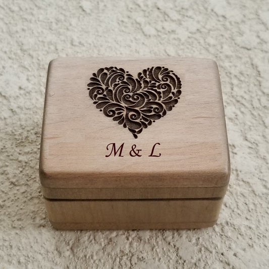 heart box, ring box with a heart engraved on the top with initials