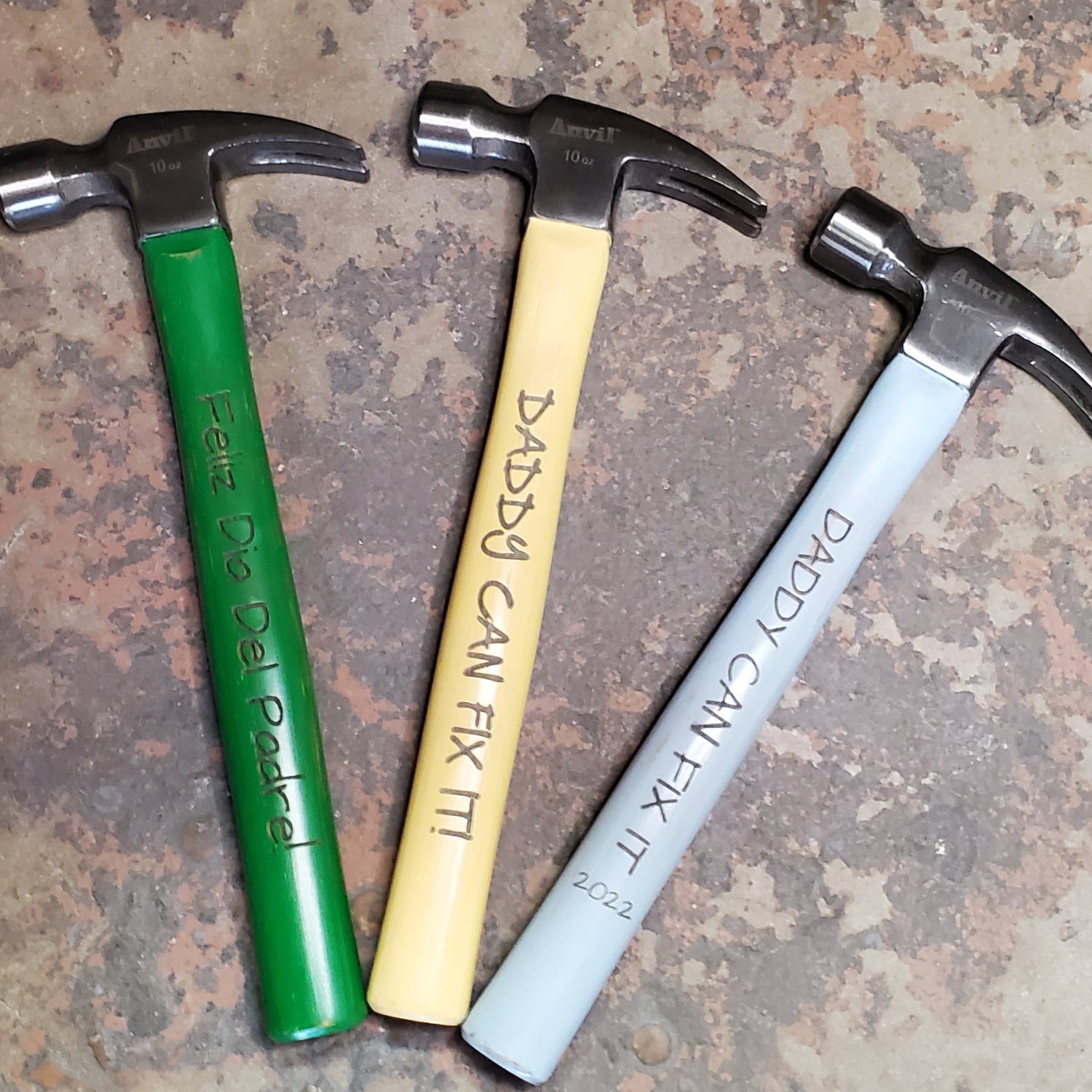 green hammer, yellow hammer and blue hammer with personalized engravings