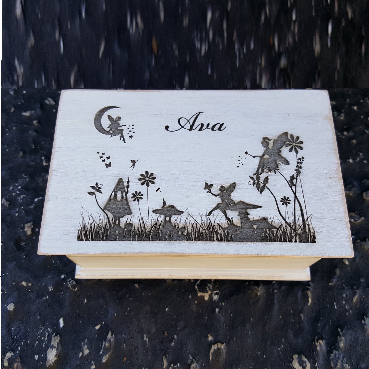 Fairy garden engraved jewelry box with name on top with built in music player
