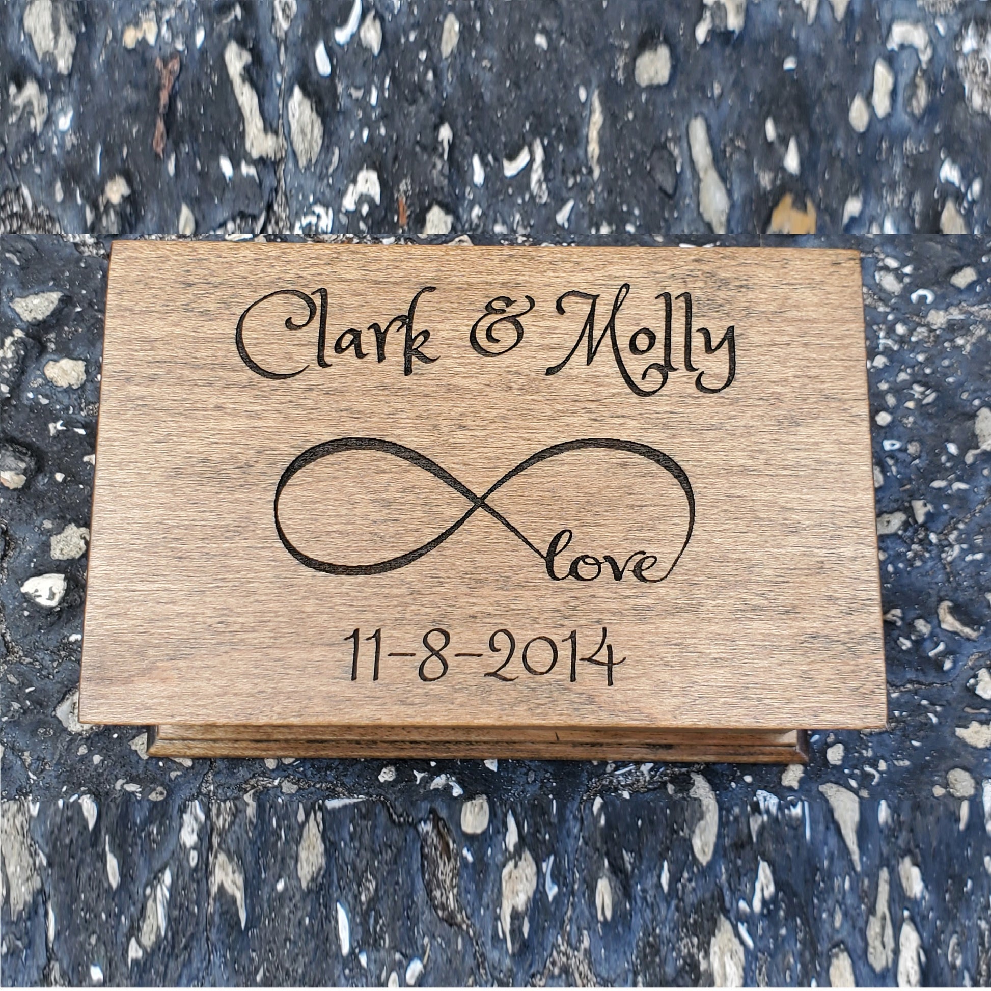 jewelry box with names, date and infinity symbol engraved on top, plays your song, choose color