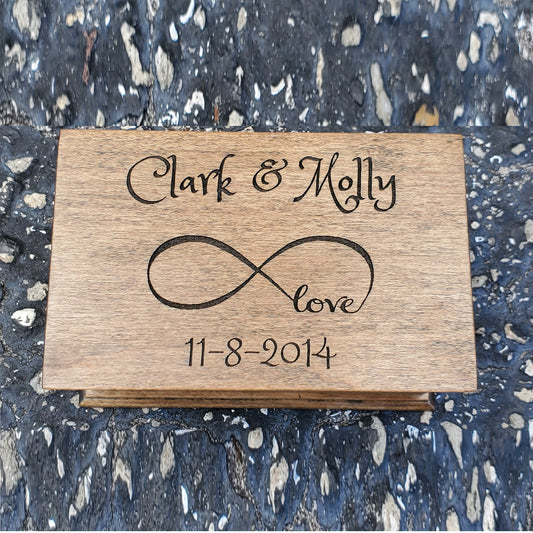 jewelry box with names, date and infinity symbol engraved on top, plays your song, choose color