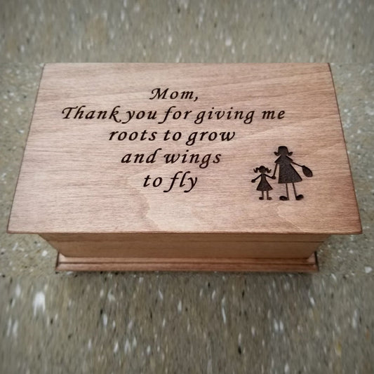 Jewelry box with Thank you for giving me roots to grow and wings to fly engraved on top, choose song and color, add personalized message